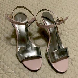 Light pink patent with clear wedge heel 2 1/2”.